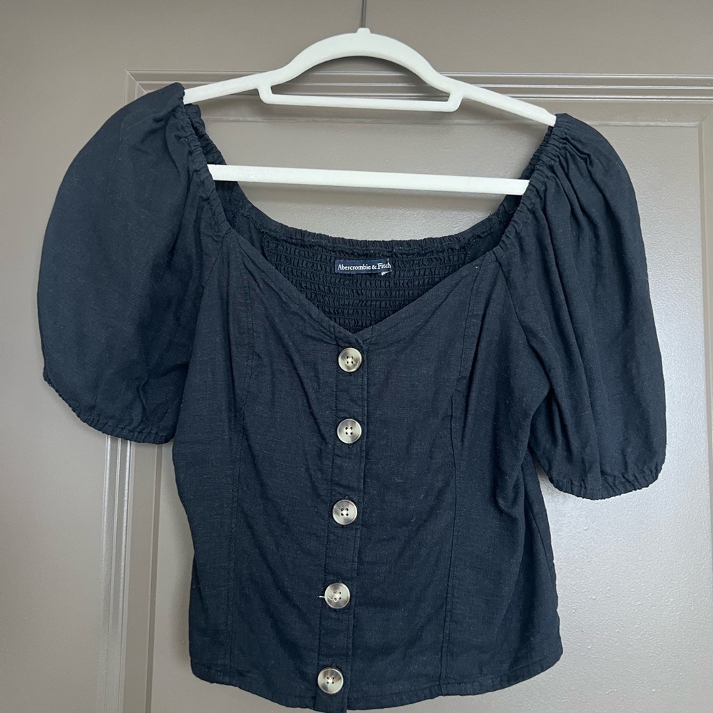 Black Abercrombie & Fitch Linen Puff Sleeve Blouse